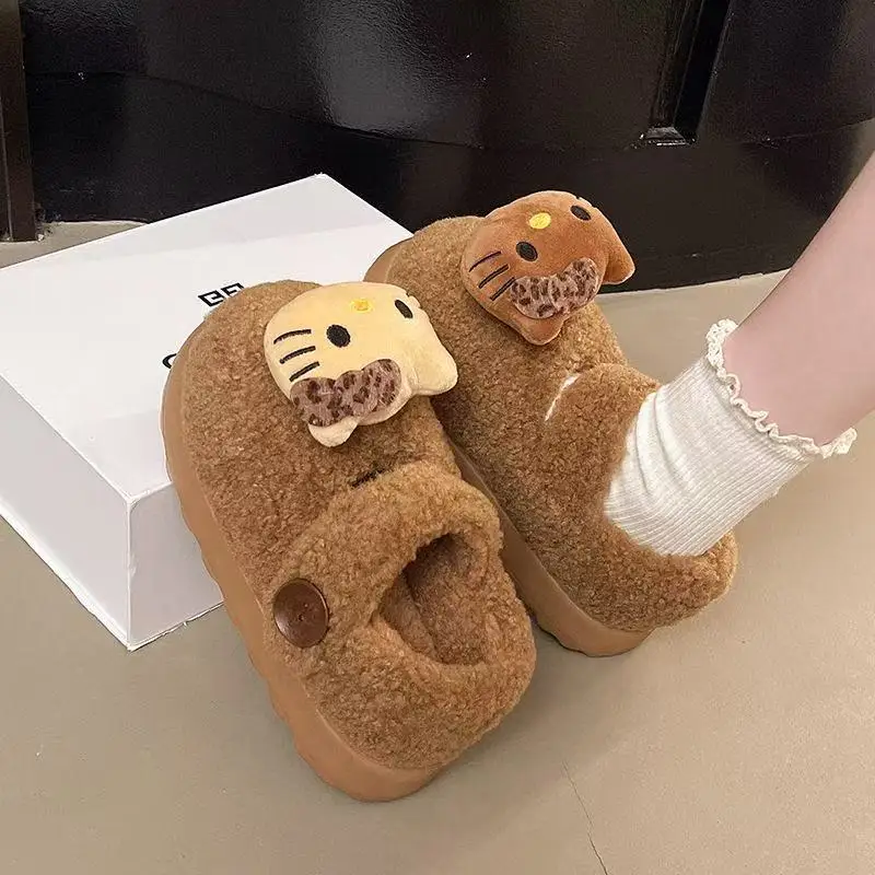 

real photos 2025 autumn winter new Cute hello kitty cartoon good quality fashion women girl white brown warm cotton Slippers