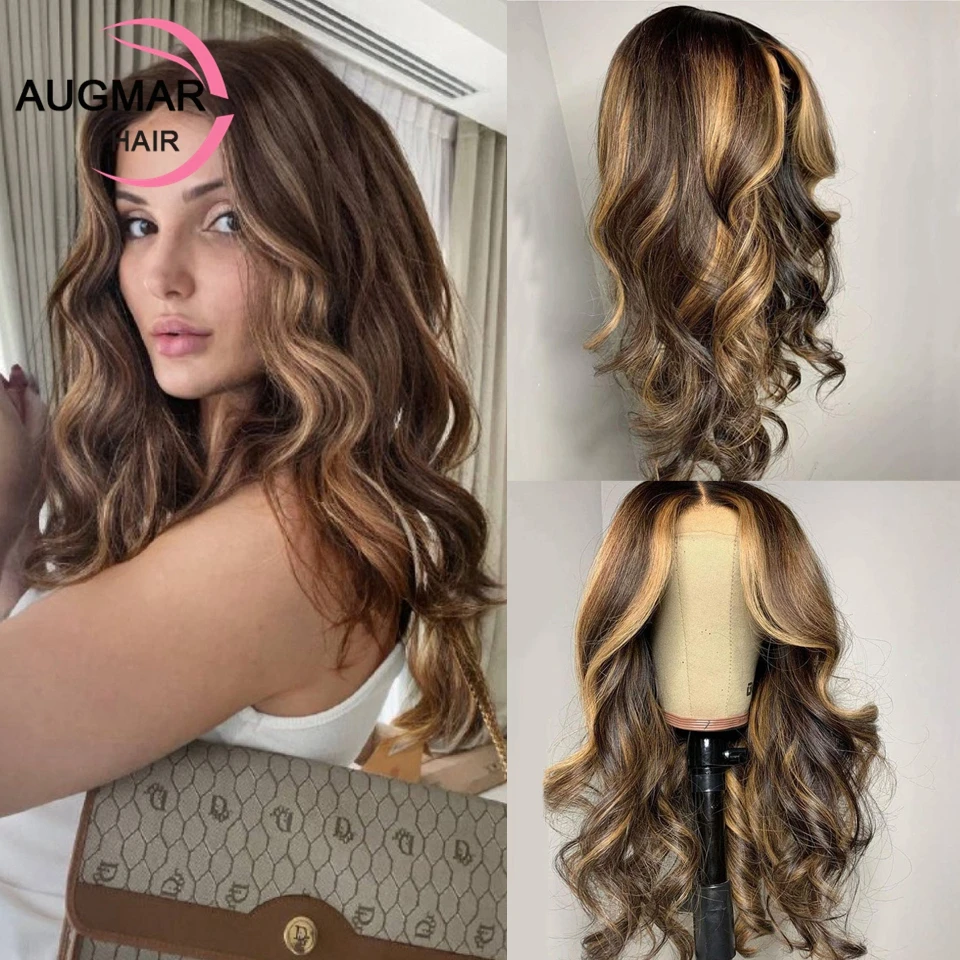 

200 Density Brown Honey Blonde Highlight Human Hair Wigs 360 Body Wave Lace Front Wig Transparent 13x4 13x6 HD Lace Frontal Wig