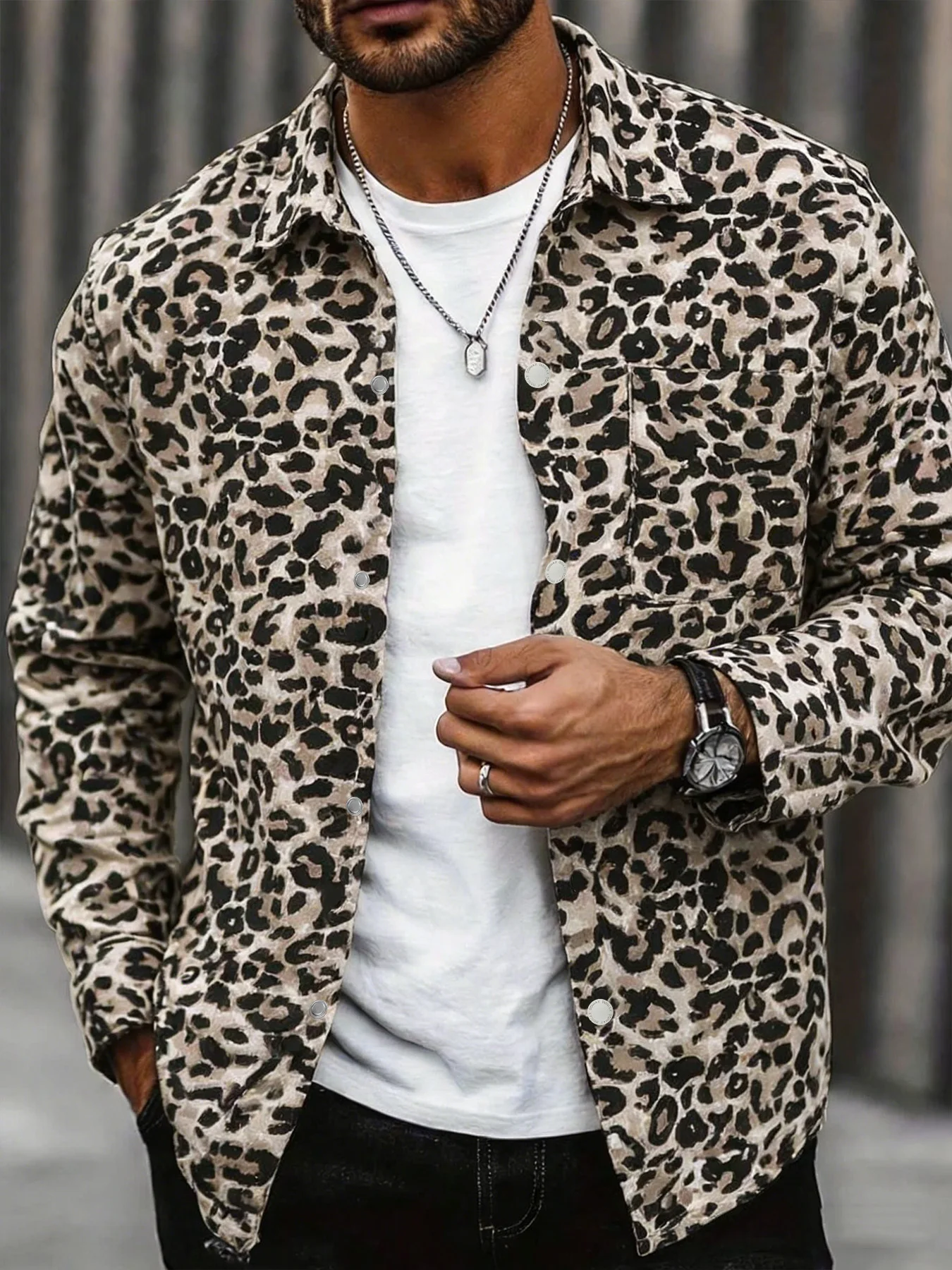 Spring and Autumn New Trendy Fashion Men's American Retro Single-Layer Leopard Print Jacquard Collared Jacket Coat