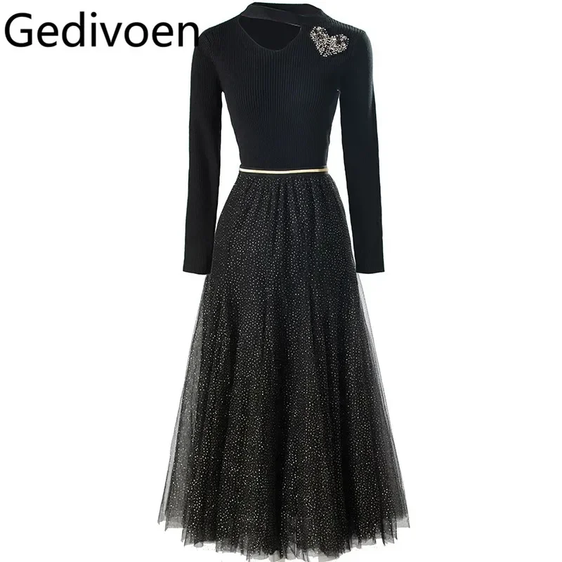 Gedivoen Women's Party Suit Autumn and Winter Hollow Out Long-Sleeved Beading Tops+Hot Diamonds Elastic Waist skirt 2 piece set