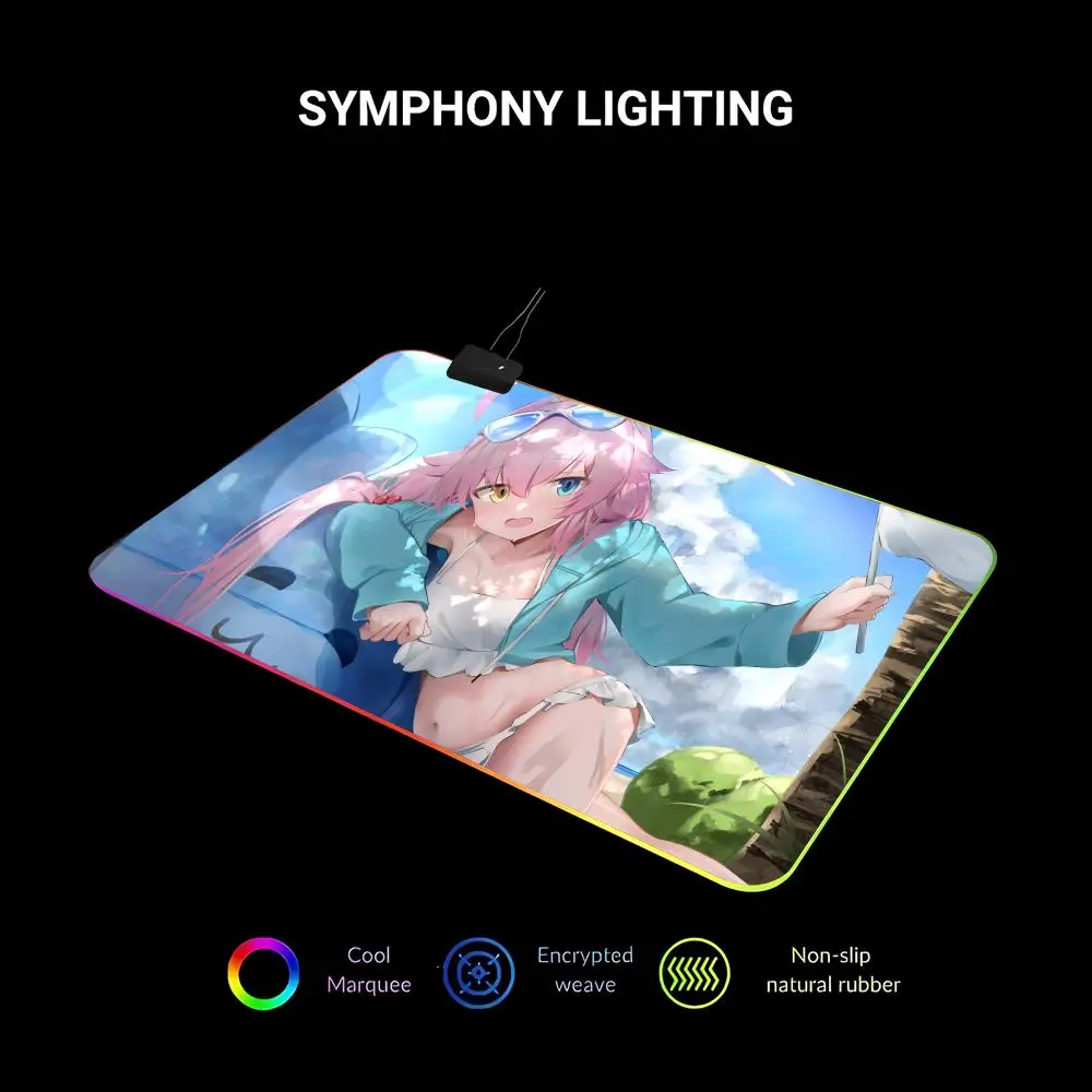Pink Check Pattern Mousepad Blue Archive Gaming Games RGB Mouse Pad Gamer Large LED Light Takanashi Hoshino Anime Girl Mousepad