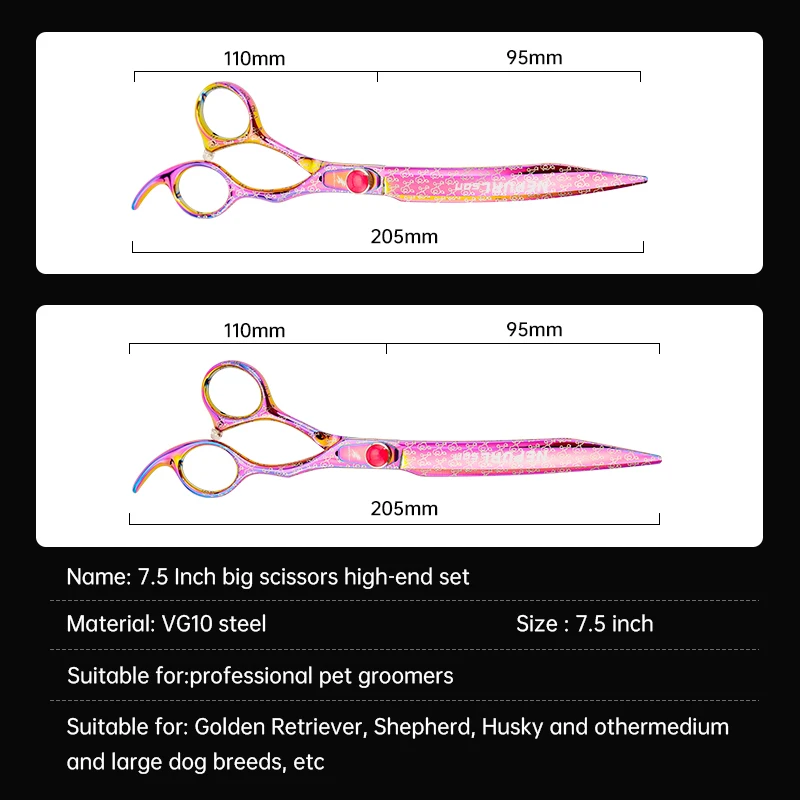 VG10 Steel High-quality 7.5 Inch Professional Pet Scissors For Dog Grooming Cutting Big Quick Trim Straight Curved Shears