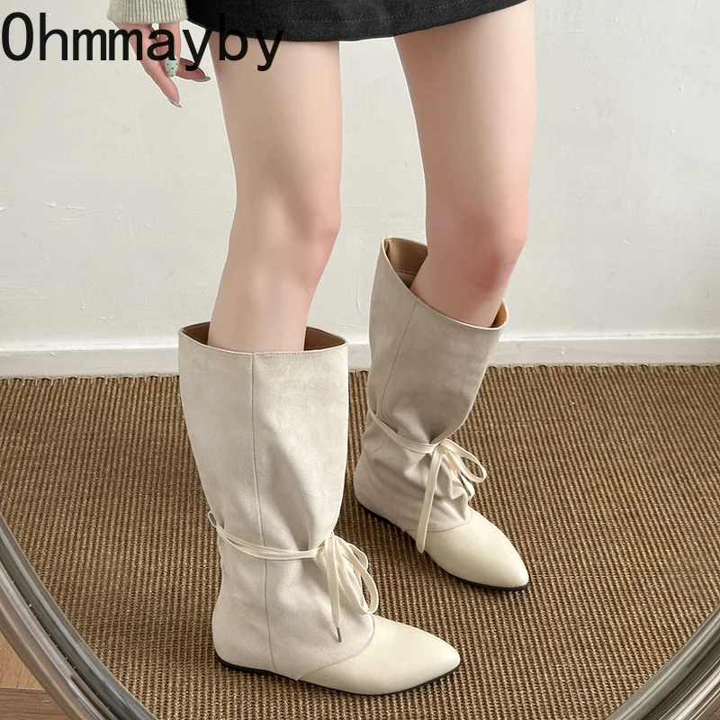Vintage Women Suede Patchwork Mid Calf Boots Retro Drawstring Tie Ladies Daily Casual Internal Elevation Western Cowboy Bootes