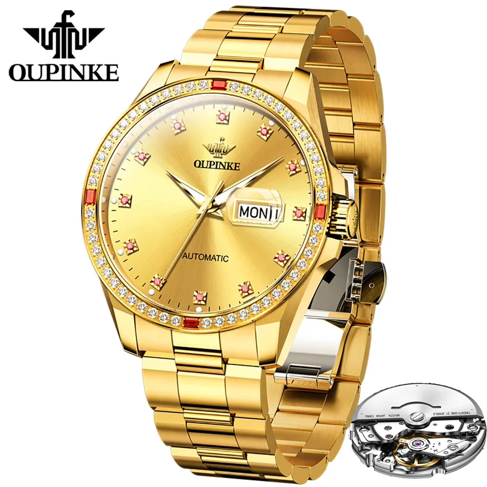 OUPINKE 3261 اليابان التلقائي ساعات رجالية فاخرة الماس الحافة ساعات ذهبية للرجال الفولاذ المقاوم للصدأ مقاوم للماء رجل ساعة معصم
