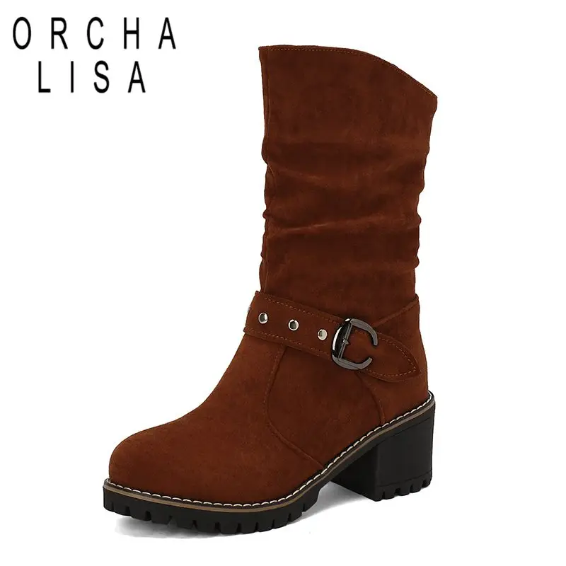 ORCHA LISA Flock Suede Female Mid Calf Boots Round Toe Block Heels 6.5cm Slip On Belt Buckle Big Size 44 45 Elegant Daily Bota