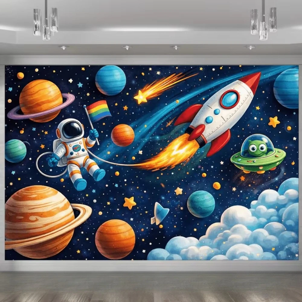 Space Exploration Astronaut Rocket Launch Flame Themed Banner Background, Birthday Party, Home Decoration Photography Background