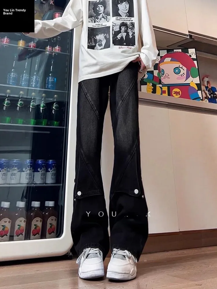 

Black American Deconstructed Workwear Jeans Men's High Street Autumn Straight Leg Narrow Version Bootcut Pants Youth Trend