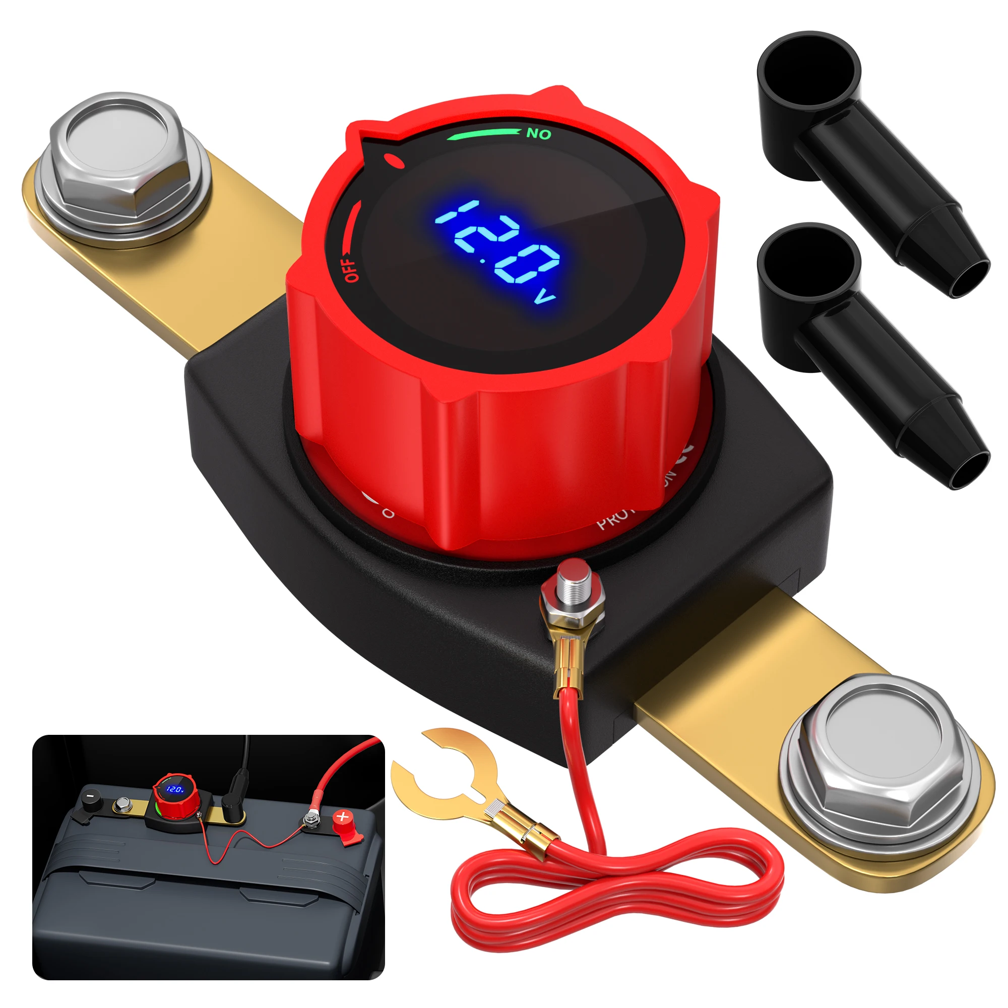 Side Post Battery Disconnect Switch 12V-48V with Led Voltmeter Display, DC 5-60V Battery Kill Switch Marine Cut Off Switch
