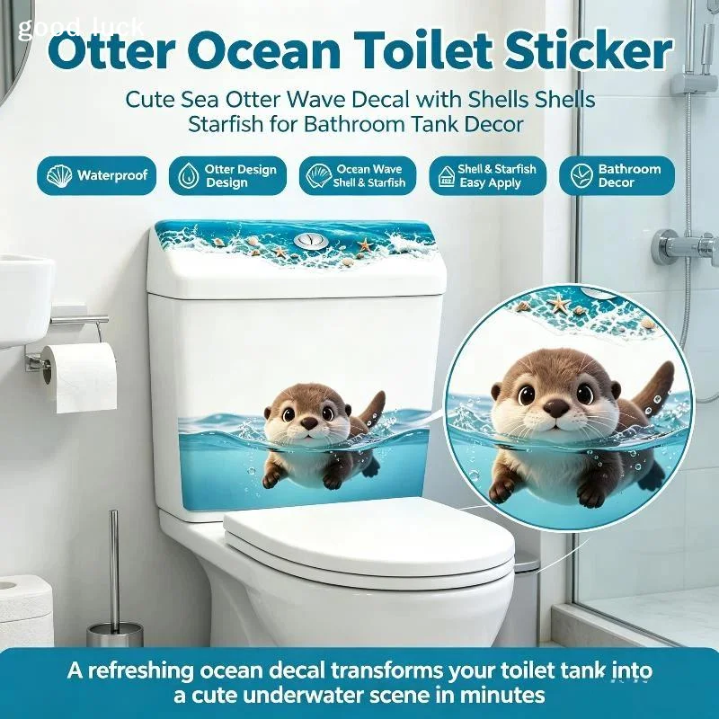 AnswerCute Otter Toilet Tank Sticker Ocean Wave Vinyl Decal For Bathroom Adhesive Wall Art Home Decor Accessories