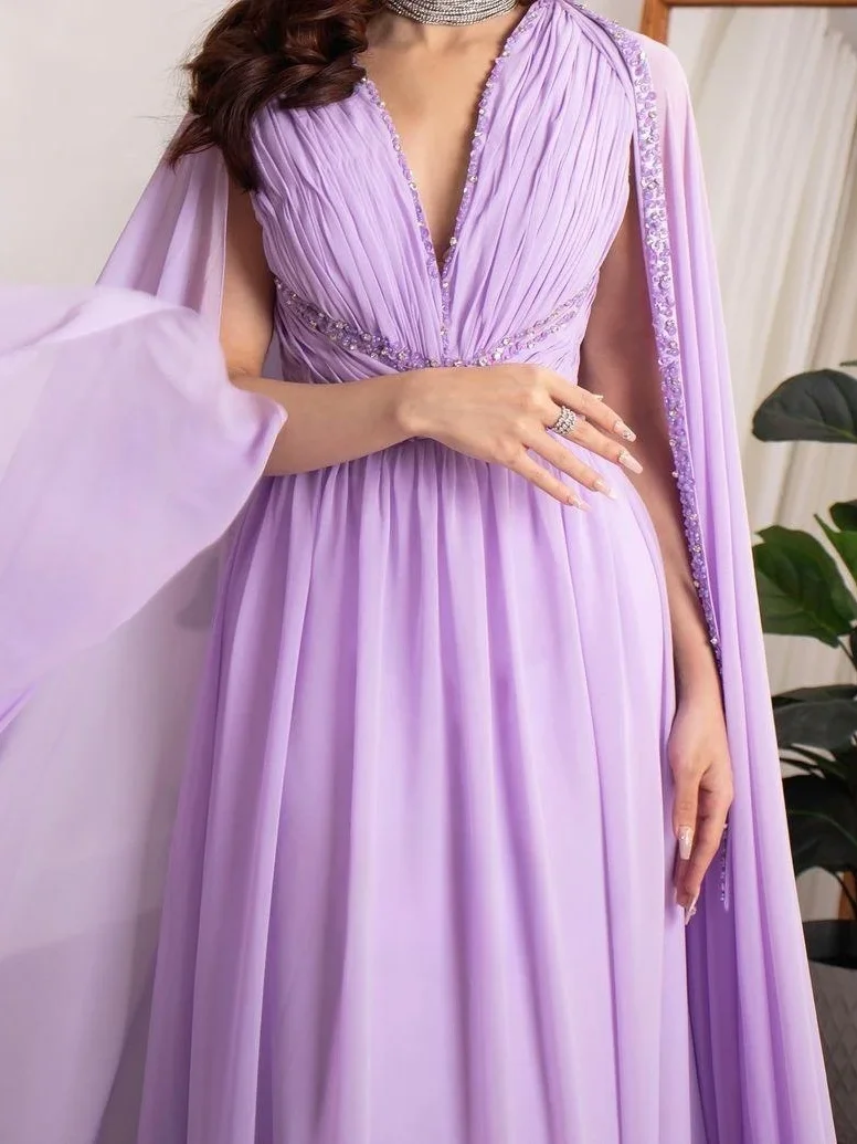 Merida Chiffon Beads Sequins Prom Dresses Watteau Train Ruched A-Line Floor-Length Saudi Arabia Elegant Party Dresses 2023