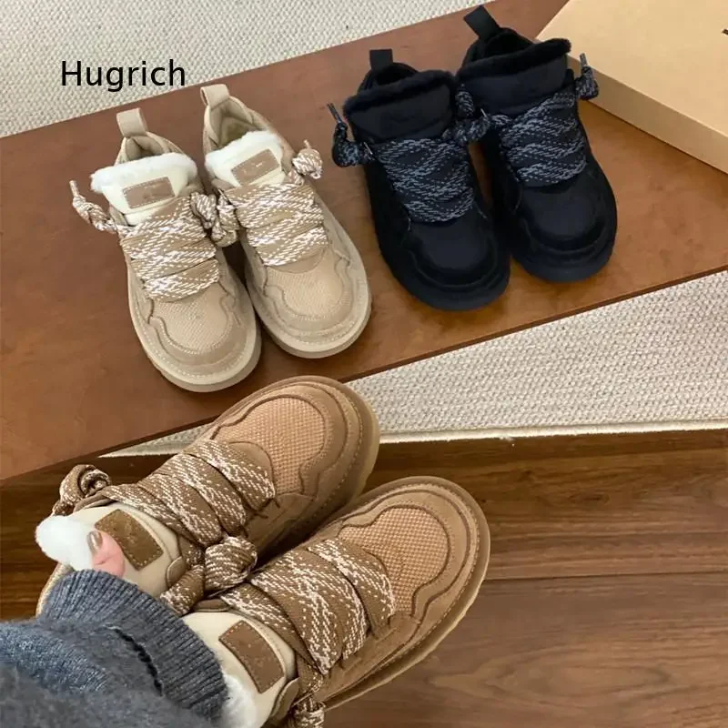 Fleece Lined High Top Sneakers for Women Thick Platform Sole Mixed Material Lace Up Footwear