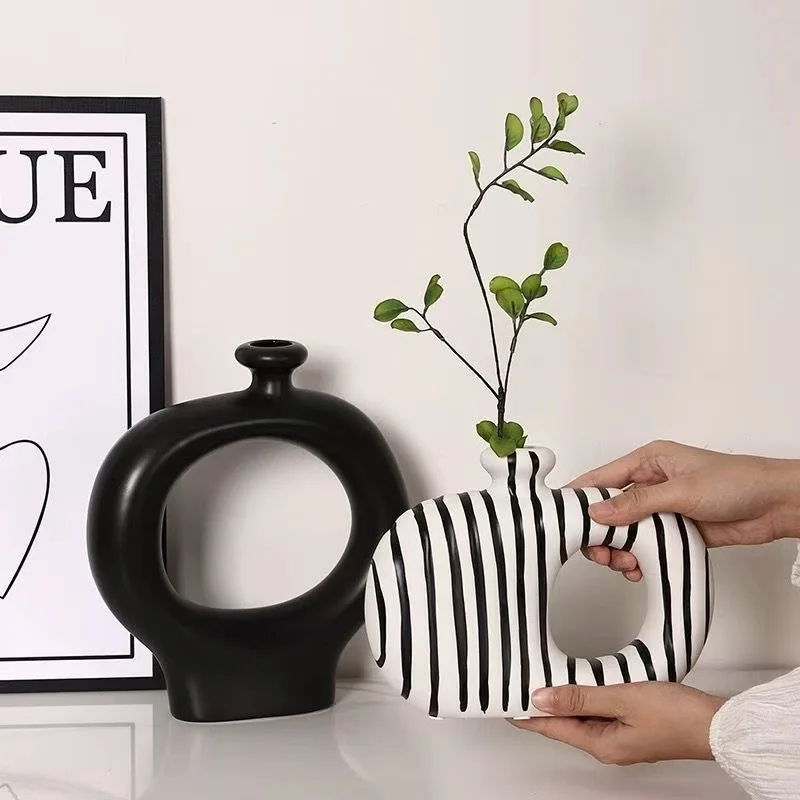 Zebra Stripes Ceramic Vase Artificial Flower Decorative Flowers Pots Desk Decoration Modern Floral Vases Room Aesthetic Decor
