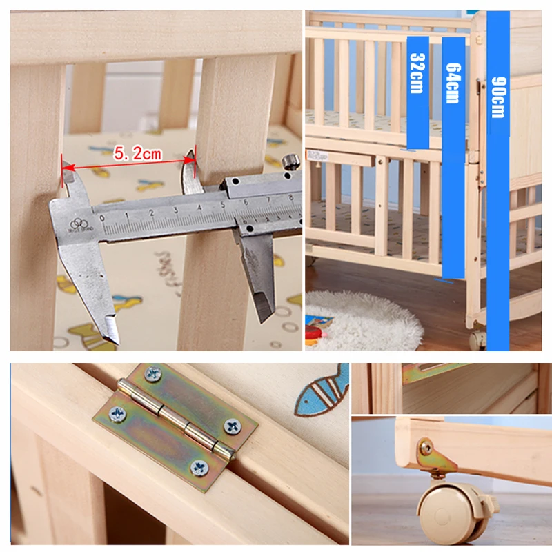 8 in1 Wood Baby Bed With Shelf, Extended Baby Crib, 3 Grade Height Adjust Cot, Can Combine With Adult Bed Pine Baby Bed