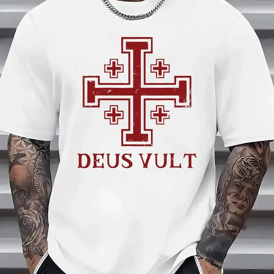 Herren Deus Vult Jerusalem Kreuz Mittelalterliches Kreuzritter-Grafik-T-Shirt Lässiges Kurzarm-Rundhals-Shirt Historischer Glaube Streetwear Tee