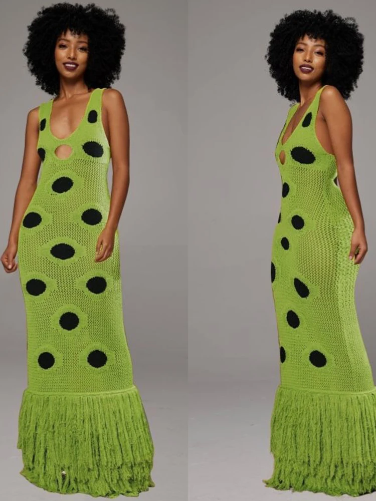 kliou Chic Dot Print Women Maxi Dress High Street Stunning Tassel Stacked Sleeveless Cleavage Cut Out Robe Mujer Festival Frock