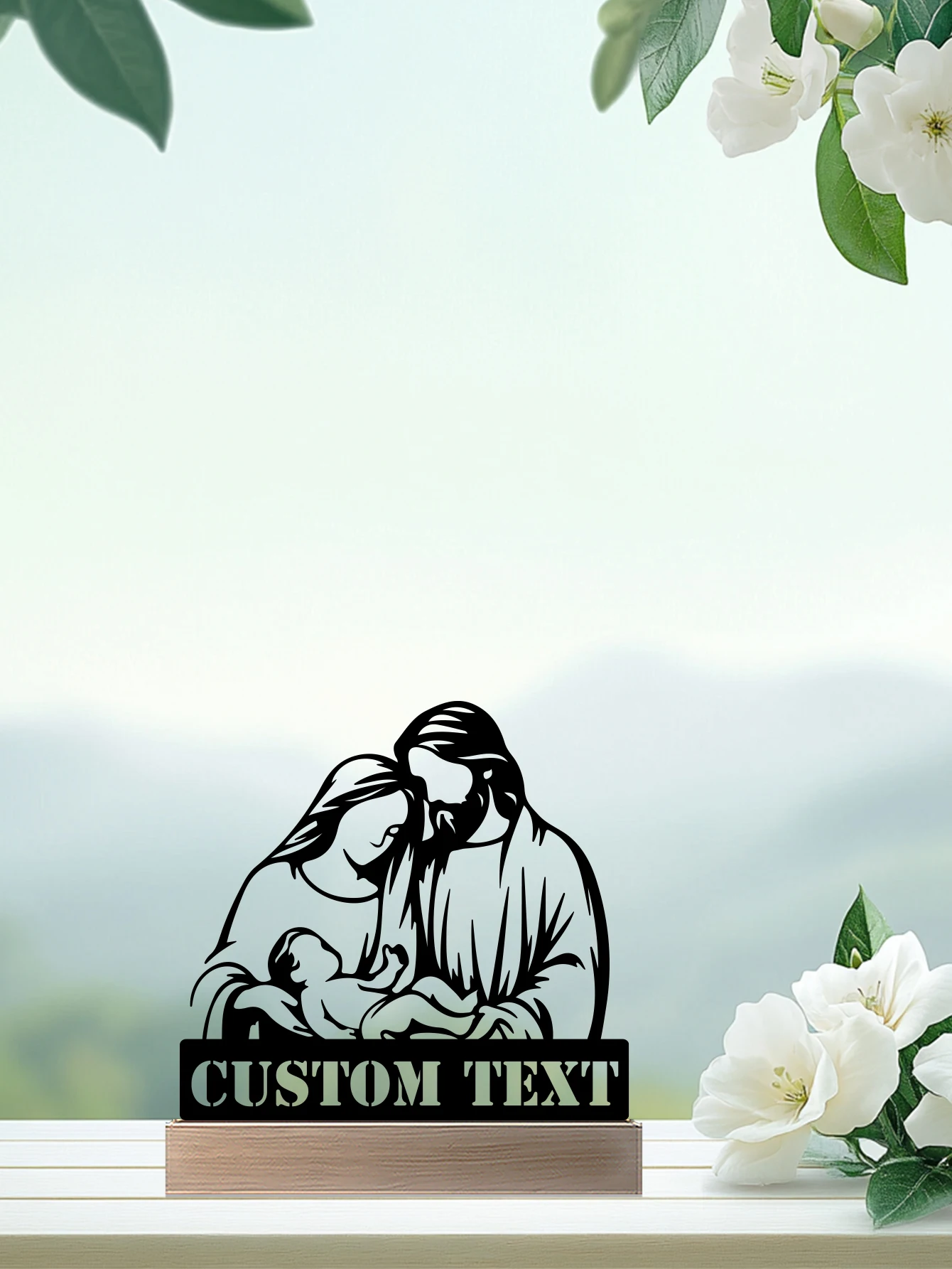 รูปปั้นโลหะพระเยซูพร้อมฐานไม้ งานศิลปะตกแต่งบ้าน 1 ชิ้น (สามารถสลักชื่อได้)