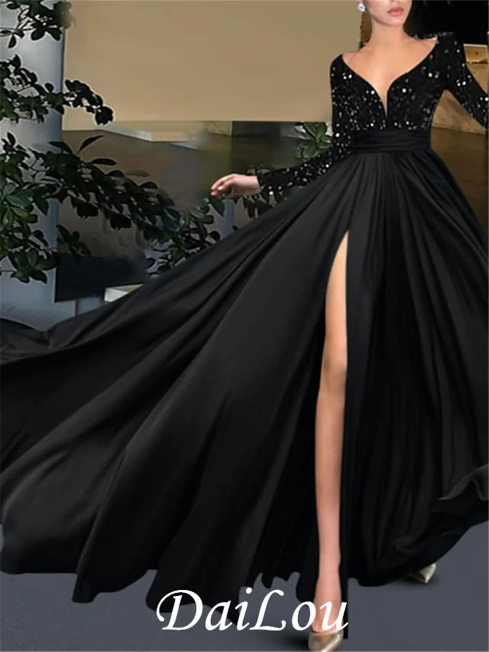 

A-Line Evening Dresses Sparkle & Shine Dress Prom Court Train Long Sleeve V Neck Satin Chiffon with Sequin Slit