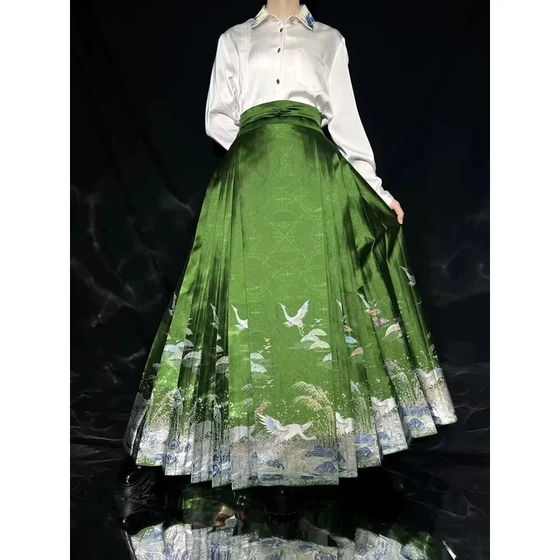 

New Year Costume Hanfu Horse Face Skirt Women Pleats Skirt Chinese Style Embroidery Green Weaving Gold Black-green Hanfu Skirt