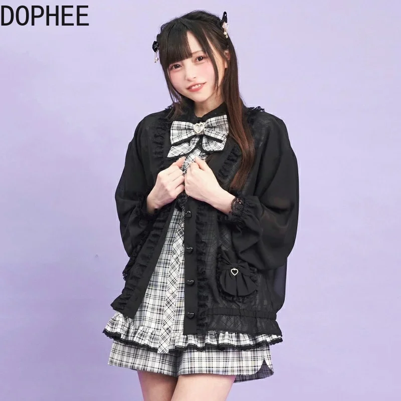Japanese Spring Summer Perspective Sunscreen Shirt V-neck Elegant Ruffles Single-breasted Cardigans Top Cute Bow Lolita Blouses