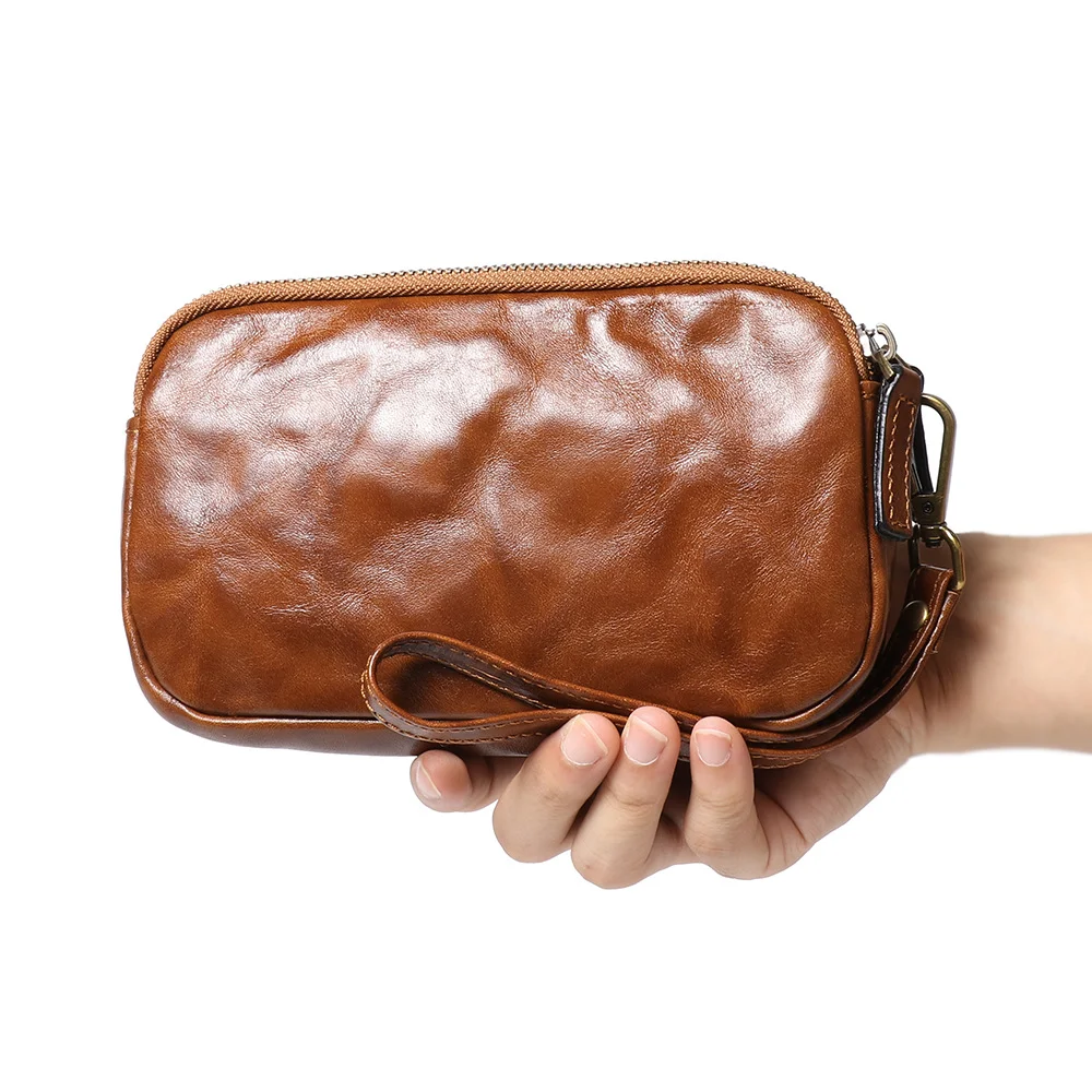 luokir Genuine Leather Men's Clutch Bag Vintage Textured Coin Purse First-Layer Cowhide, Large Capacity Mobile Phone Bag