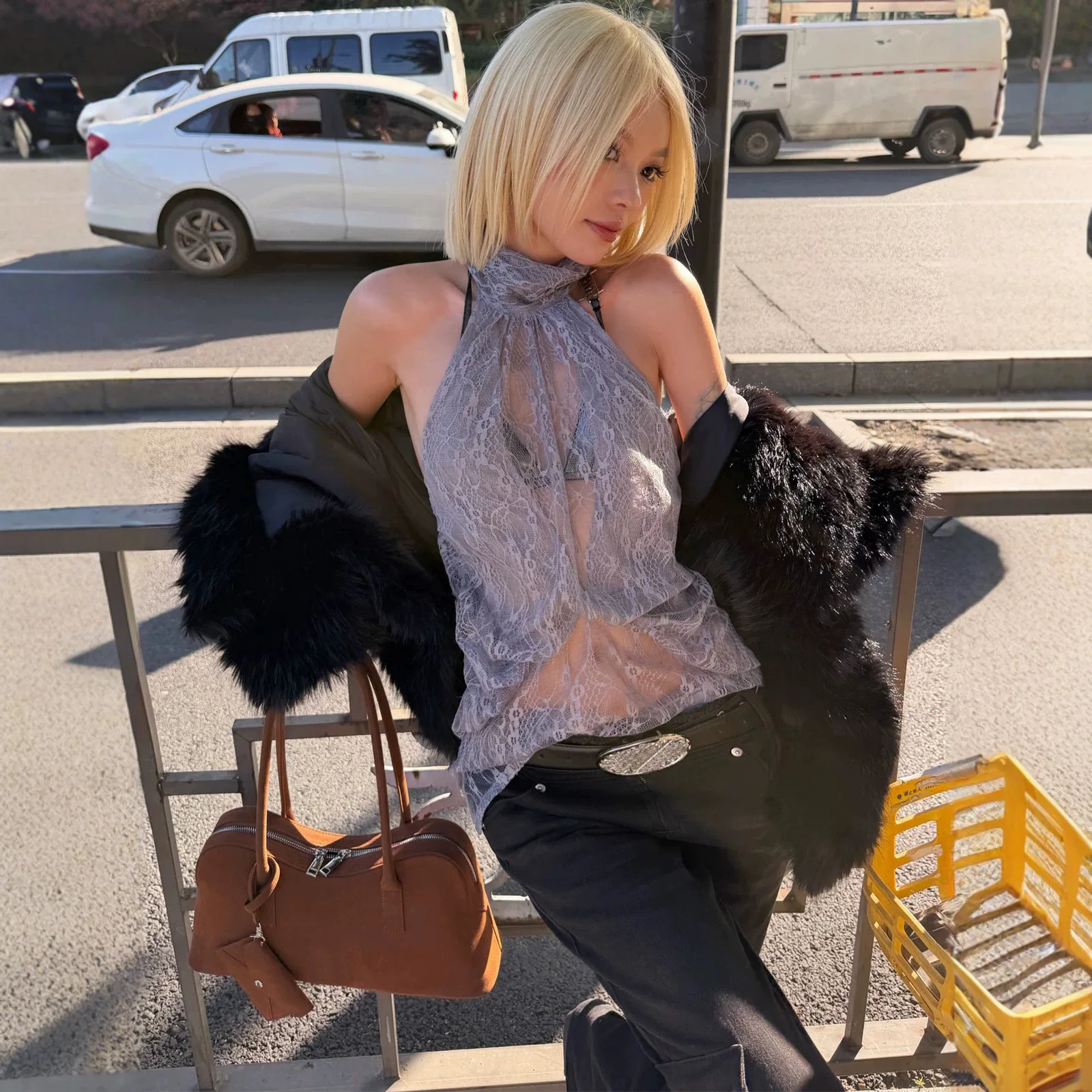 High Quality Hot Selling Wholesale Summer New Personality High Collar Lace See Through Sleeveless Backless Irregular Top Women