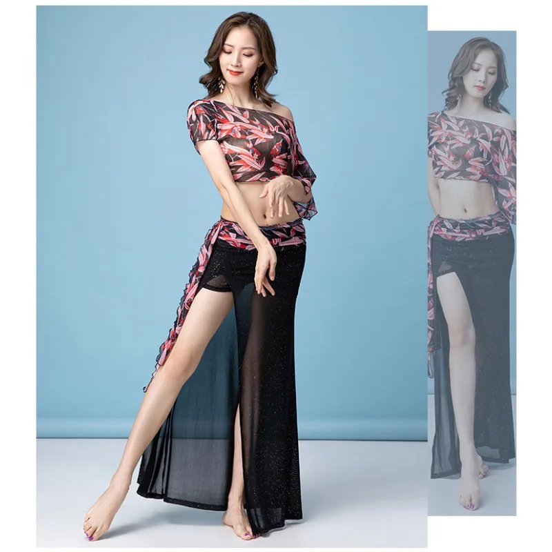 Ensemble de jupe longue de danse du ventre imprimé en gel personnalisé pour femmes, vêtements de pratique sexy, costume de danse exotique, danse orientale