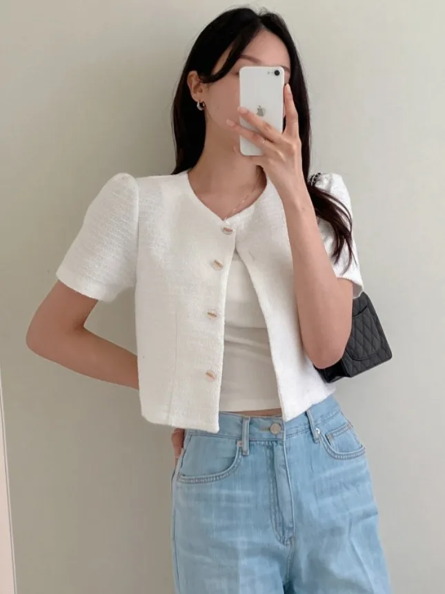 Coreano Chic Estate ort Puffer Jaet Donna Loose Fit rotondo Ne Bottone singolo Bubble Sve Maglieria accogliente Primavera Autunno