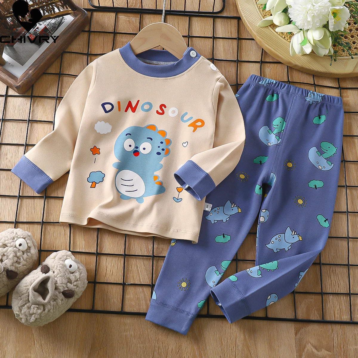 

New 2023 Kids Boys Cotton Pajama Sets Cartoon Print O-Neck Cute T-Shirt Tops with Pants Baby Girls Children Autumn Clothes Sets