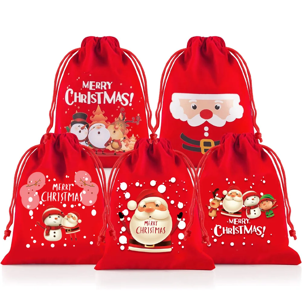 

50pcs/lot 10x12cm, 15x20cm, 20x30cm Santa Claus Drawstring Red Velvet Pouches & Bags Children's Candy Bags Christmas Apple Bags