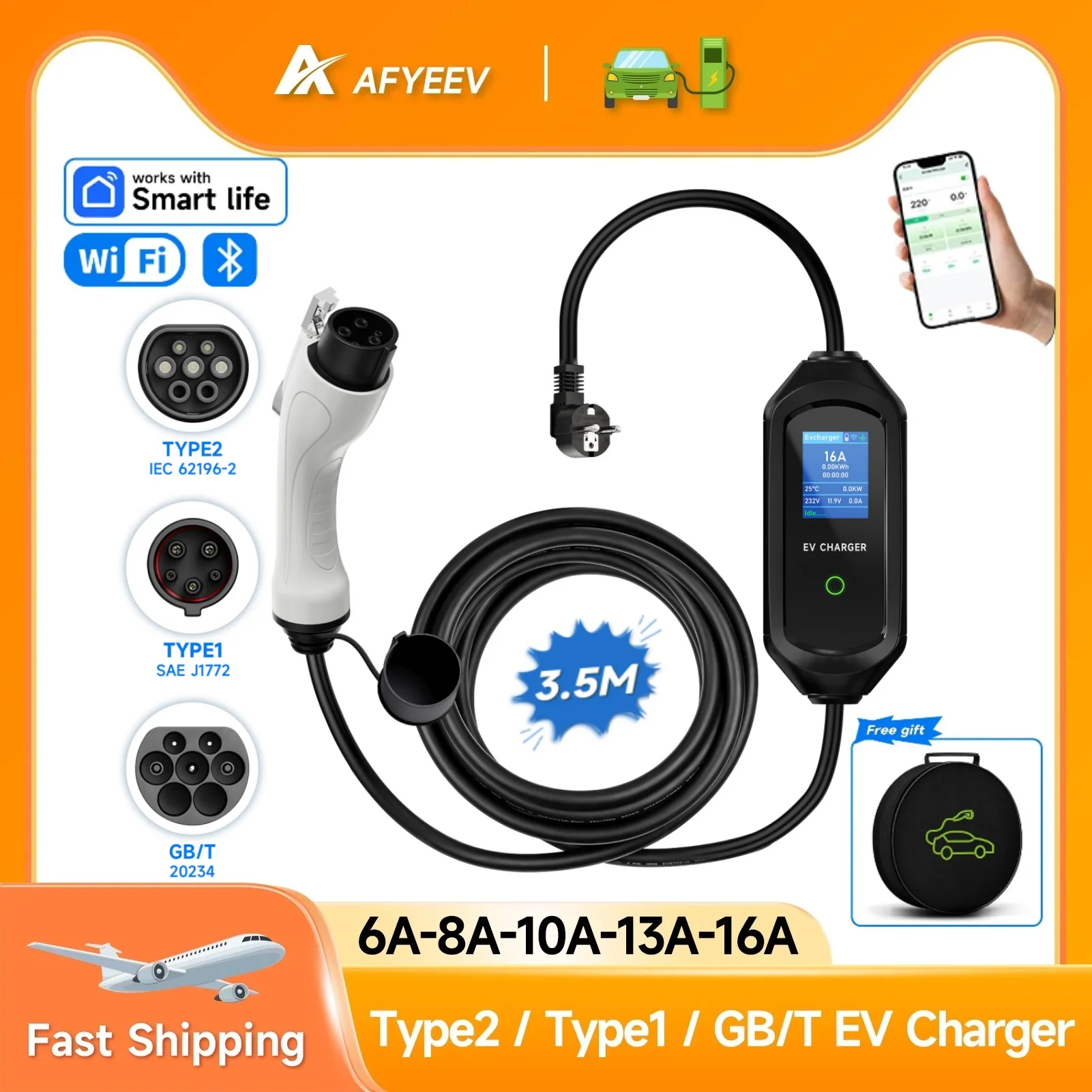 AFYEEV 3.6kW Type2 Portable EV Charger Type1 Electric Car Charger GB/T EVSE Charging Cable Wallbox WiFi Bluetooth App Control