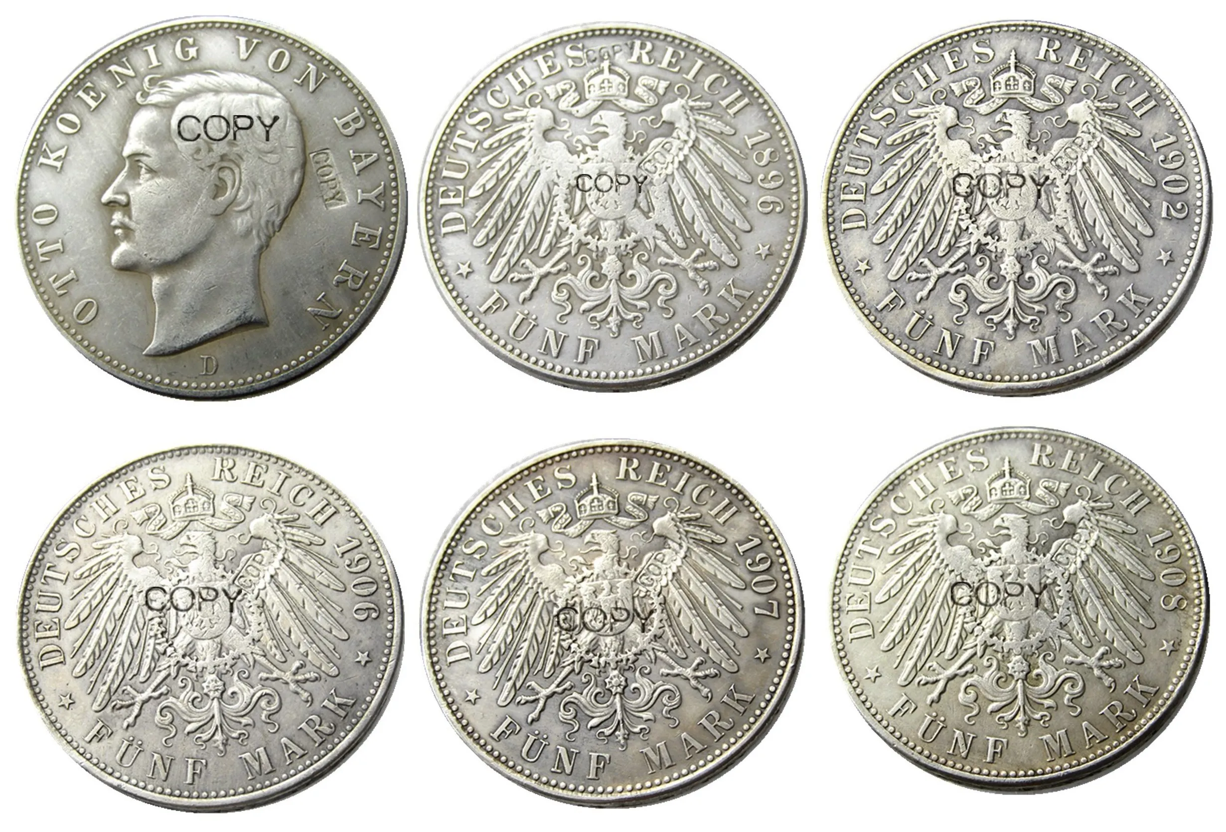 German Bavaria coin 5 mark 1896D-1908D 5pcs Date For Chose Otto Silver Plated Copy Coins