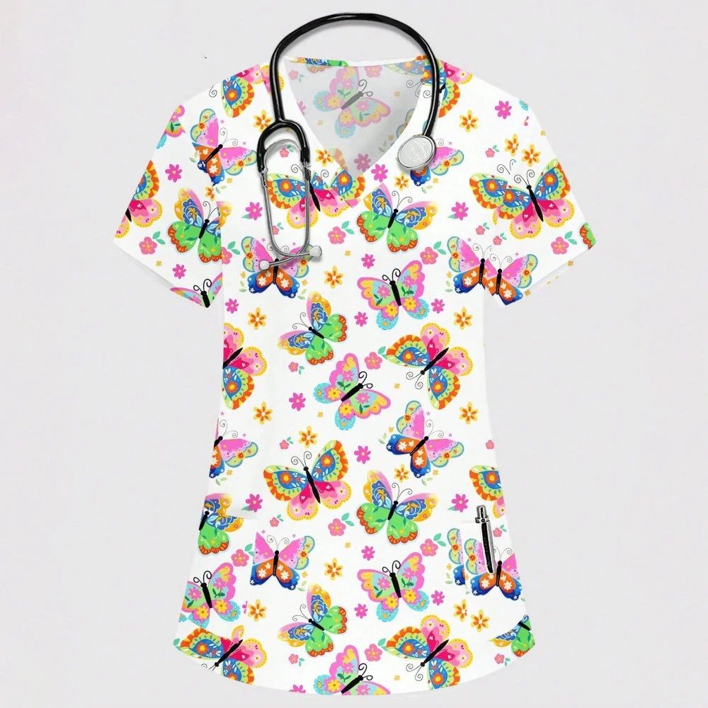 Hospital Nurse Uniforms Women Medical Uniform Print Scrub Top Silk Dental Clinic Work Clothes Mens Scrubs Short Sleeved Jacket