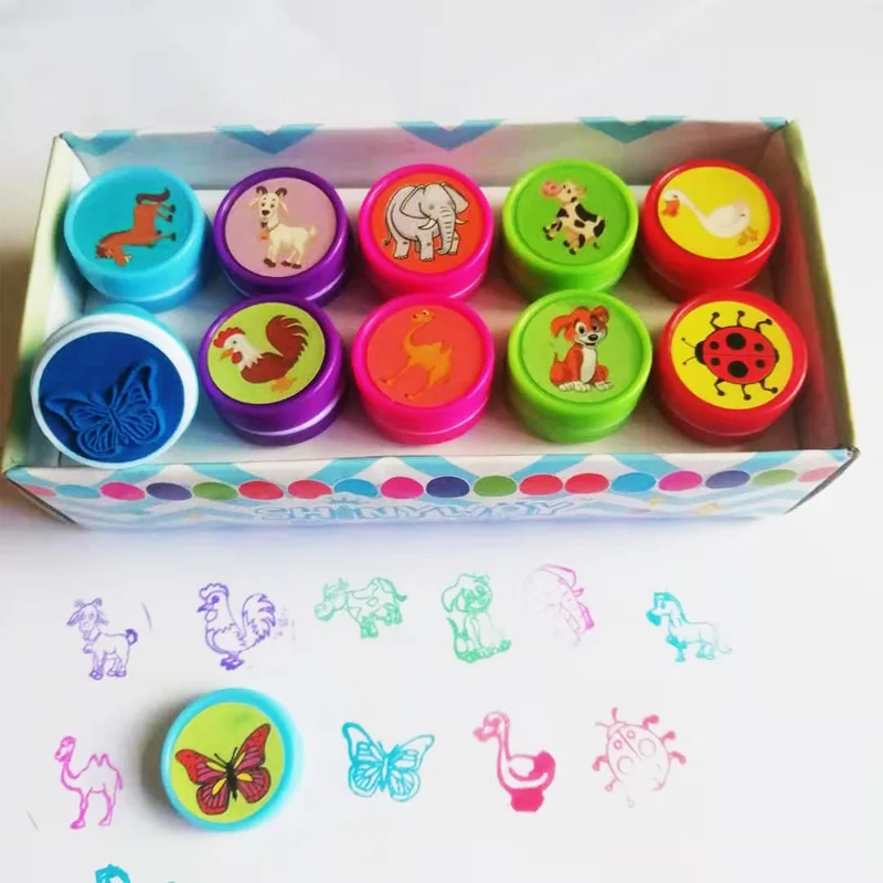 10 Pcs/Box Simple Stamps Toy for Kids Cartoon Animal Self-ink Seal DIY Painting Notebook Decor Gift