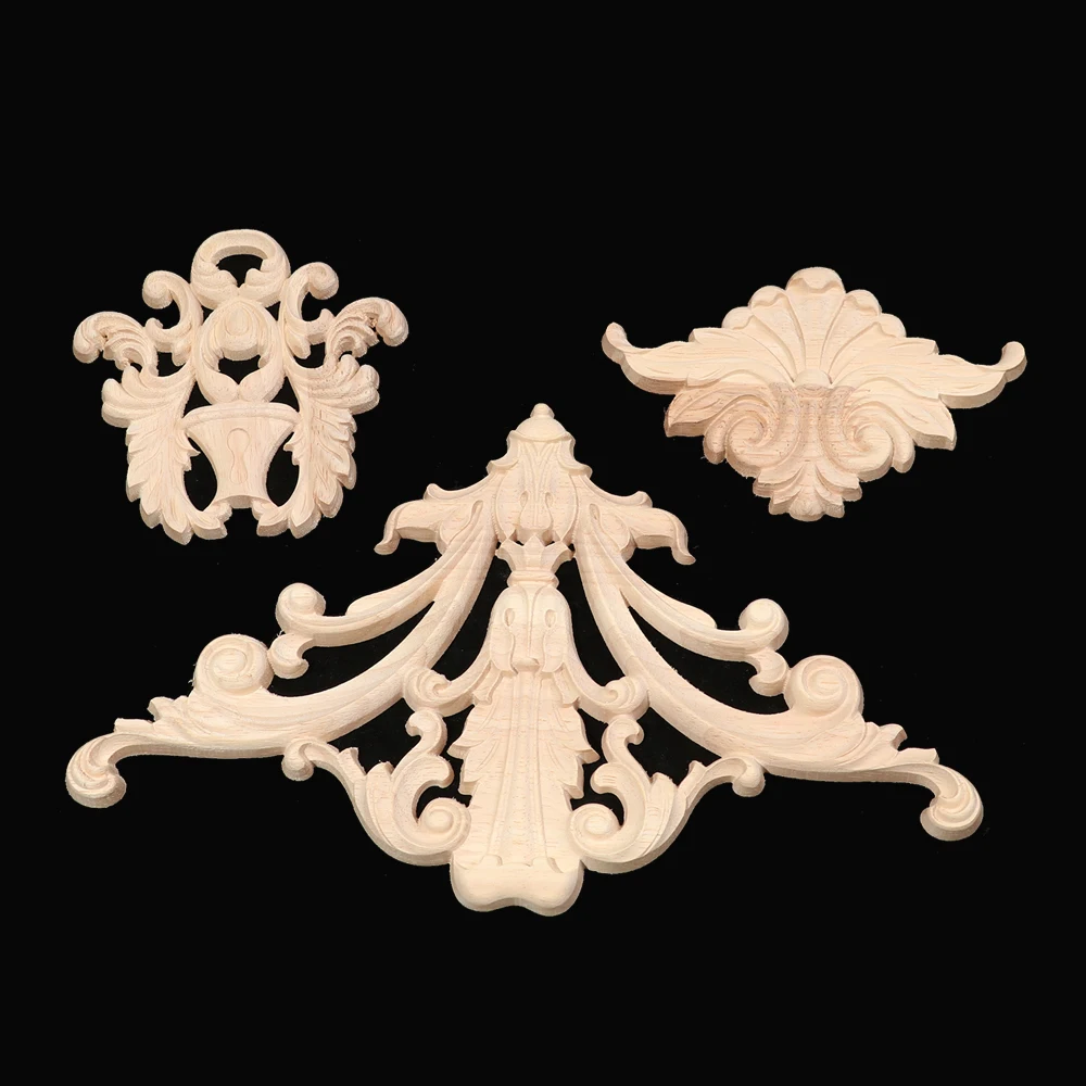 1Pc Natural Floral Furniture Parts Wall Door Wooden Figurines Crafts Wood Carved Corner Appliques Frame Woodcarving Decorative