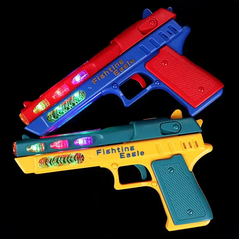 Pistola de mão com luz led, brinquedo elétrico com luz, som de combate deslumbrante, pistola de ação telescópica exclusiva para crianças, presente