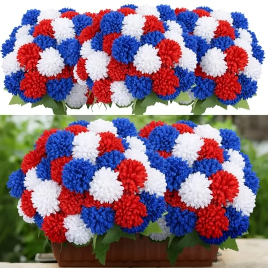 

12 пучков красно-белых искусственных цветов для улицы, устойчивых к УФ-излучению, для патриотического украшения к 250-летию, искусственные хризантемы