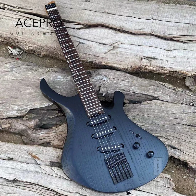 Acepro Headless Electric Guitar, S-S-S Pickups, Satin Black Ash Body, Roasted Maple Neck, Stainless Steel Fret, 24 Fret Guitarra