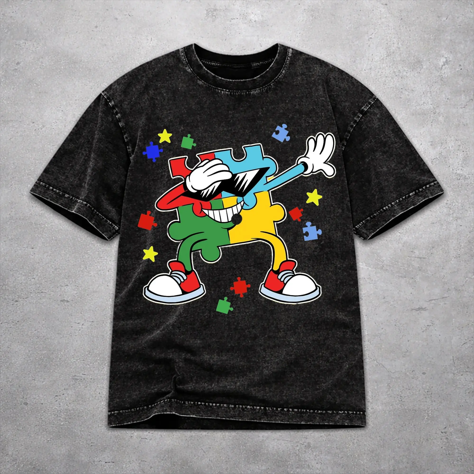 Retro Women Men Dabbing Puzzle Autism Awareness Tee Shirt Oversize Washed  T Shirts Clothes