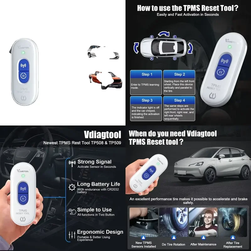 VDIAGTOOL TPMS Reset Tool TP508 Tire Pressure Activation Tool TP509 For TPMS Accessories For 315 & 433 MHz Sensor