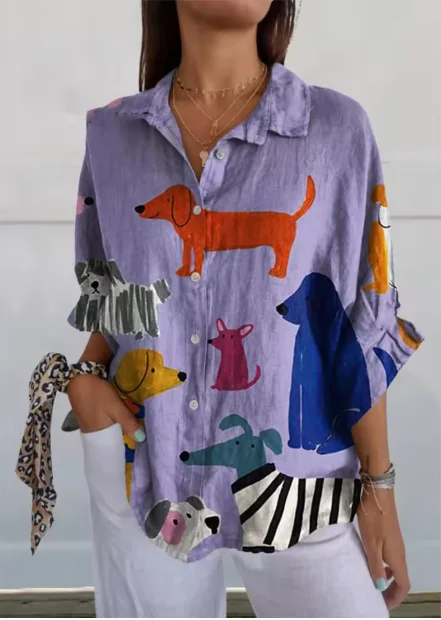 

Modigirl Womens Flower Printed Shirts Elengant 2025 Hawaii Loose Casual Blouse Original Clothing Classic Purple Tops for Woman