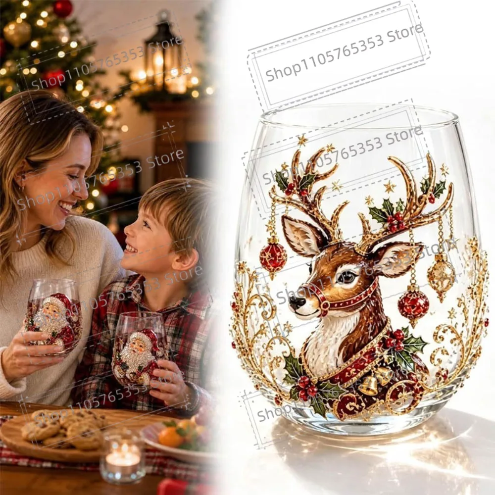 3D Christmas Holiday Glass Art Cup Snowman Santa Reindeer Wreath Stocking Festive Drinkware for Friends Family