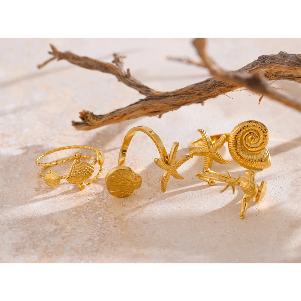 Yhpup Summer Ocean Style Shell Starfish Conch Adjustable Golden Ring 18K PVD Plated Stainless Steel Daily Jewelry Gift