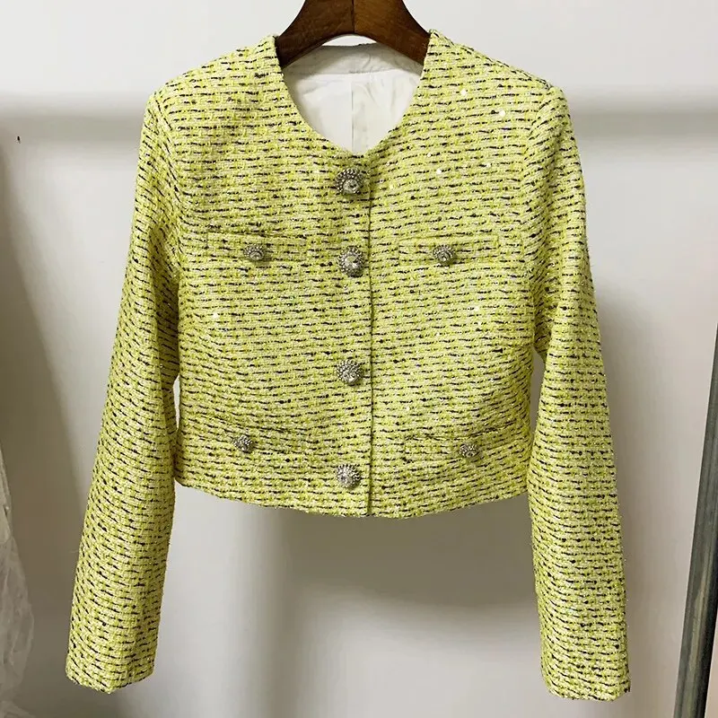 Conjunto de 3 piezas de chaqueta y falda para mujer, traje de cuello redondo con lentejuelas a rayas, botones de diamantes, camisola de oficina,