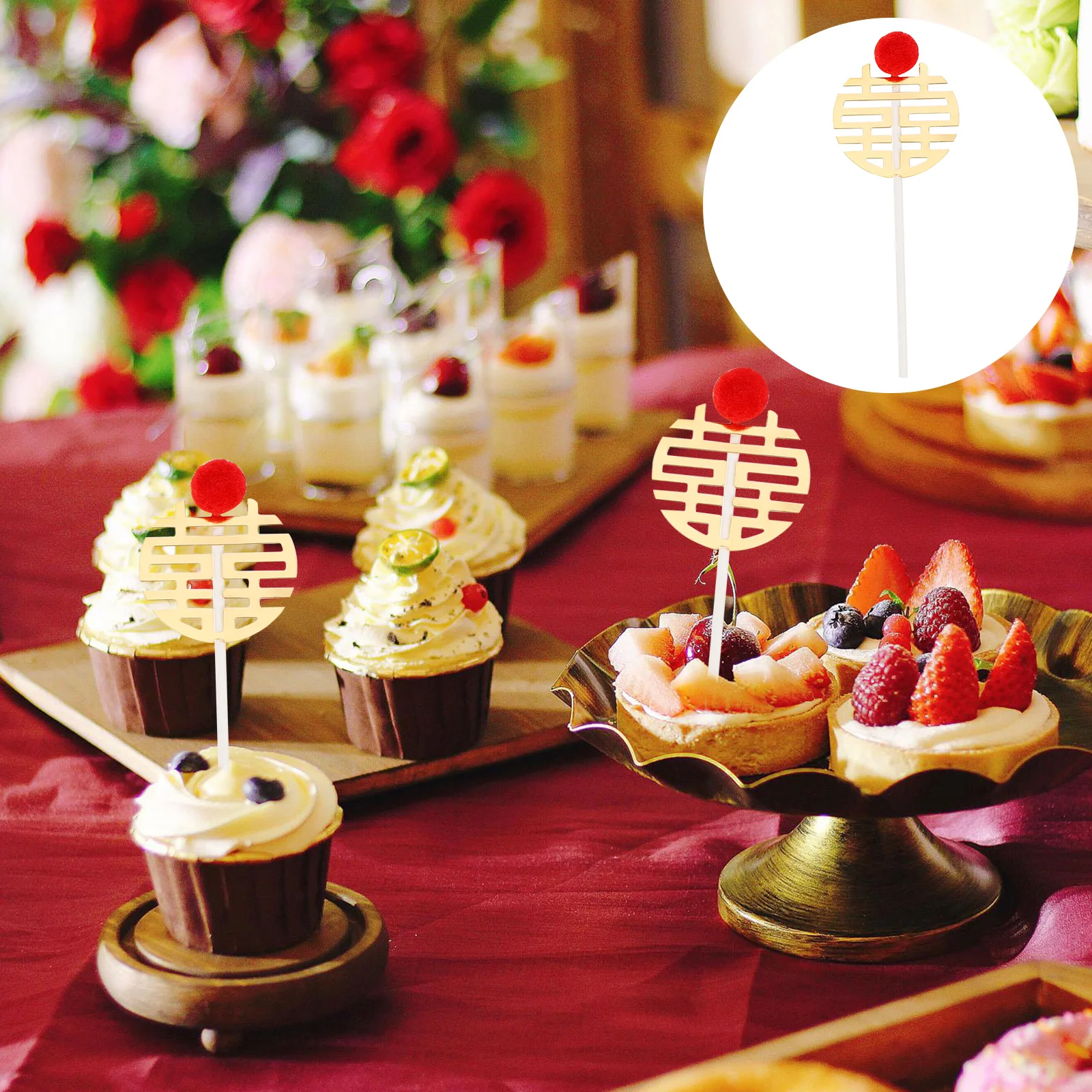 

30pcs Double Happiness Chinese Style Wedding Party Decoration Cake Decor Dessert Topper Baking Insert Cupcake Topper Cake Prop