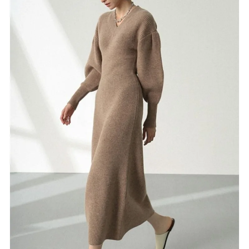 

French Retro Premium V-neck Lantern Long-sleeved Knitted Dress Women's Autumn and Winter Waist Long Bottoming Sweater Skirt