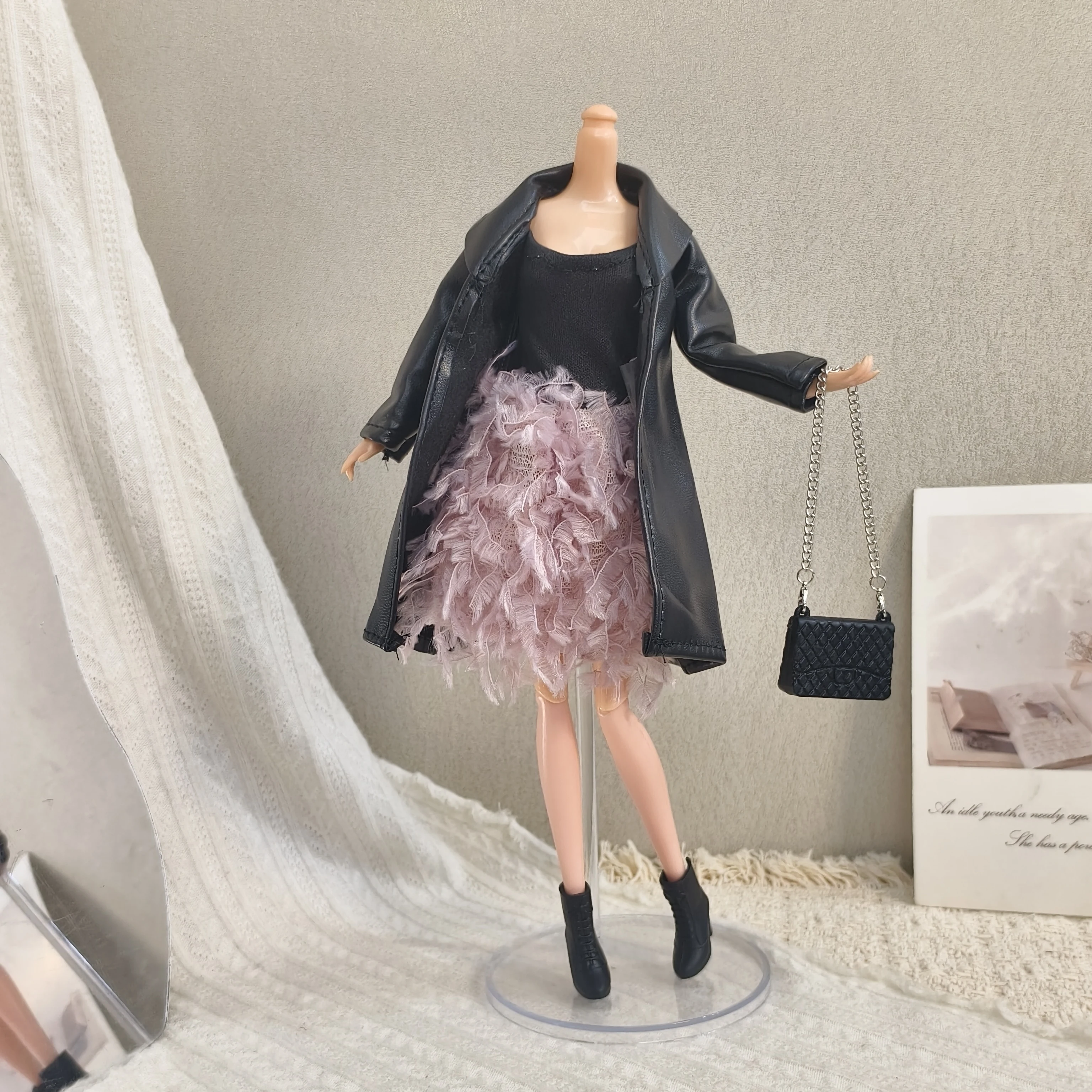1/6 Doll Clothes Accessories Winter Fashion: Black Leather Jacket + Feather Dress + Boots For 30cm Babi Supermodel Doll Dress Up