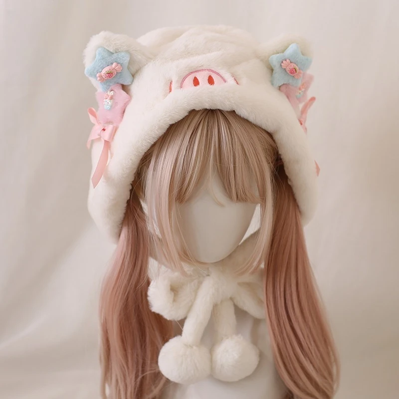 Pequeño cerdo suave lindo dulce lindo otoño e invierno hecho a mano Baotou sombrero versátil Lolita felpa olla sombrero