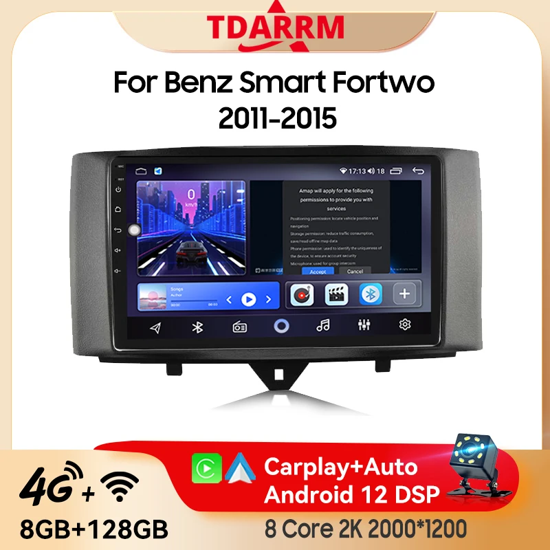 

For Benz Smart Fortwo 2011 - 2015 Android 13 Car Radio Multimedia Video Player Navigation GPS 2K QLED Carplay Autoradio 8+256G