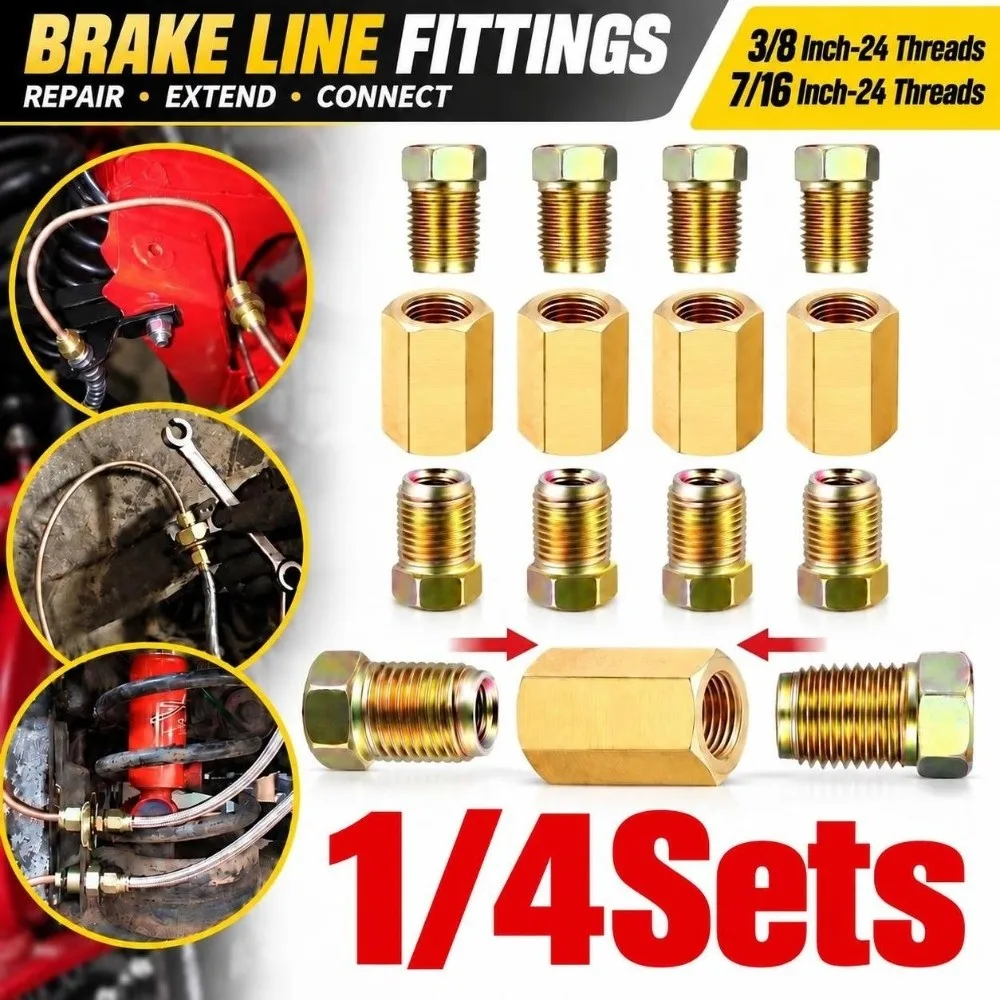 Brass Brake Line Fitting 3/8 Inch-24 Threads 7/16 Inch-24 Threads Brake Line Union Brake Tube Fittings Vehicle Tube Connection