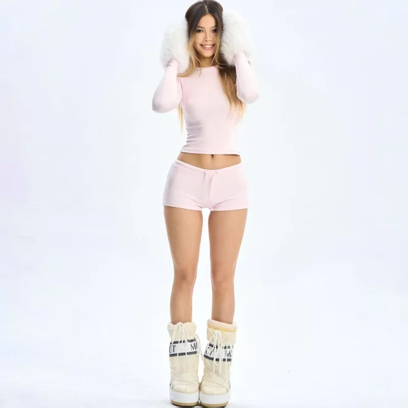 الأمريكية الرجعية سليم هوتي السراويل قطعتين مجموعة الوردي جولة الرقبة طويلة الأكمام تي شيرت شعبية عارضة عالية الخصر الورك التفاف السراويل